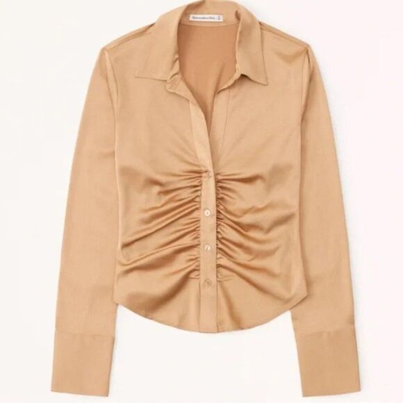 NEW Abercrombie & Fitch S Satin Ruched Button Down Collared Long Sleeve Top - Picture 2 of 10